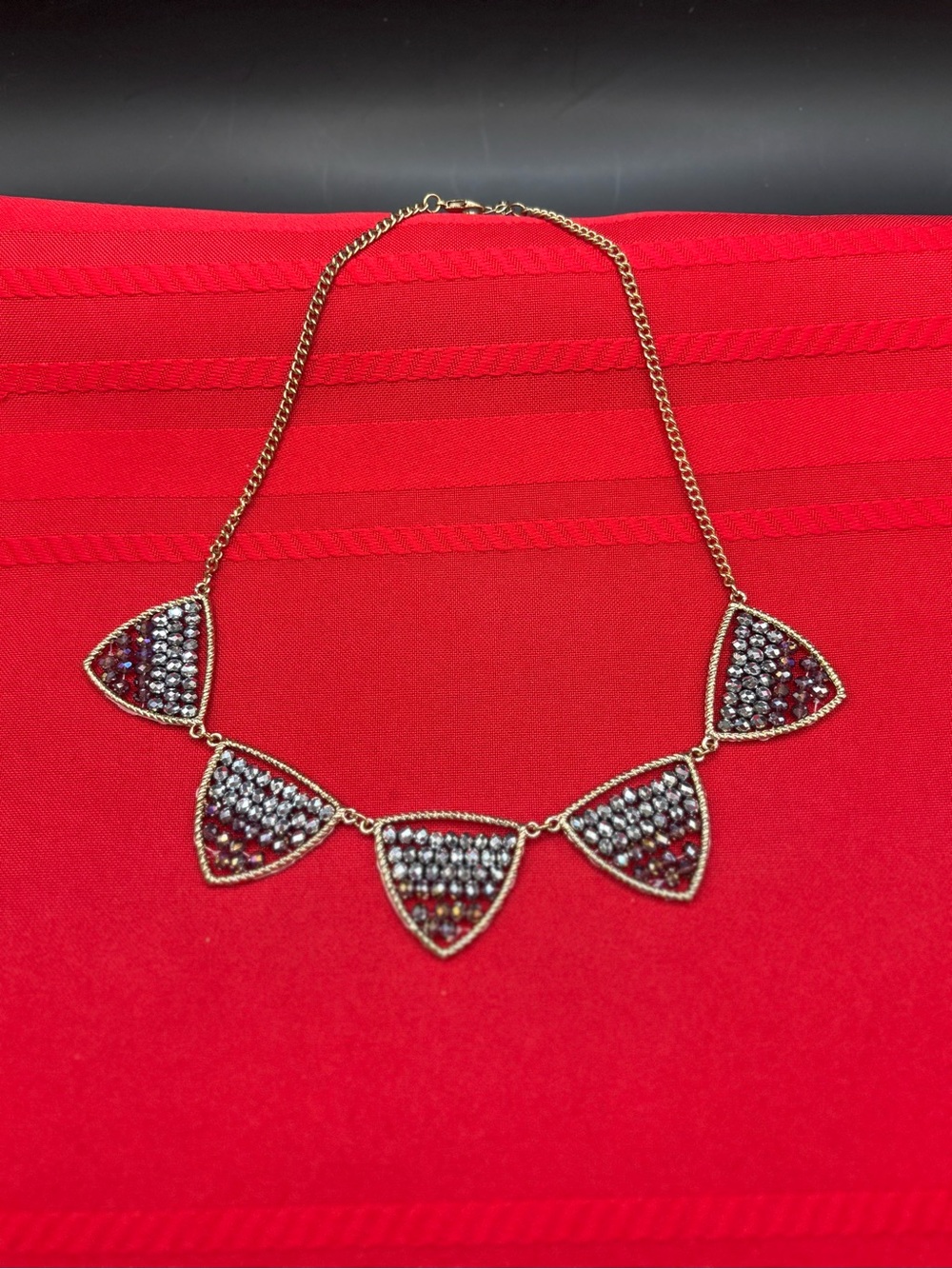 Elegant Costume Statement Necklace With Crystal  Triangular Shields Gold Tone